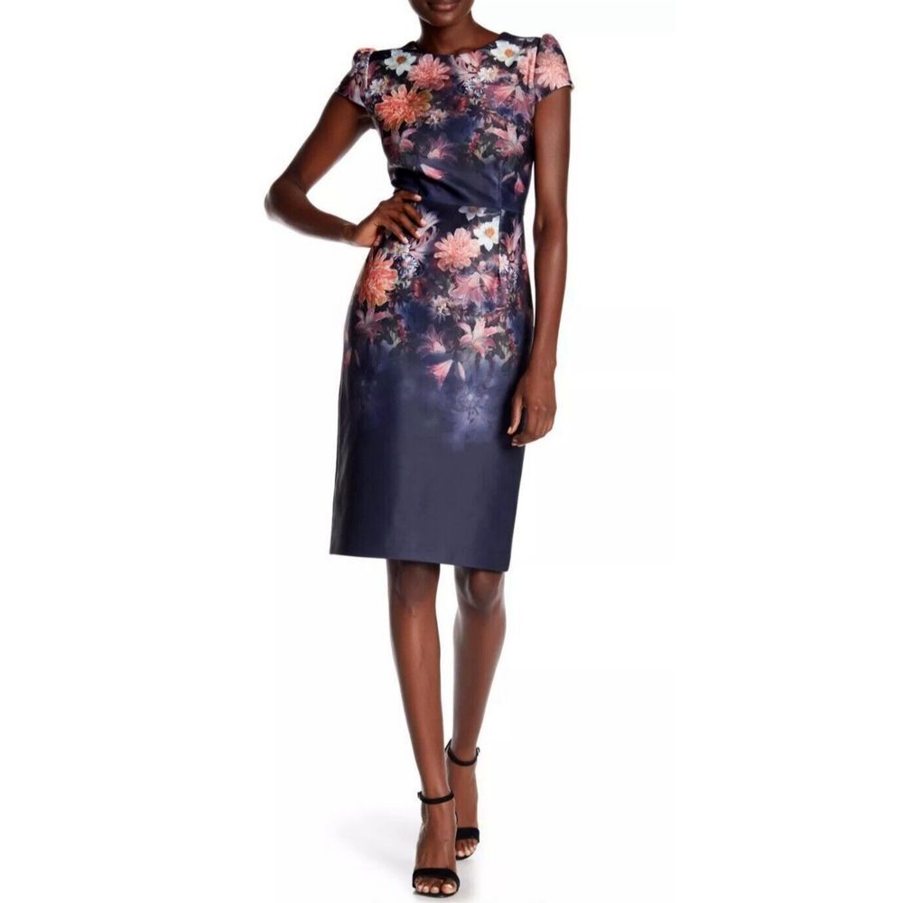 Betsey Johnson Sheath Dress Navy Pink Peach Floral Cap Sleeves Midi Dress Size 8